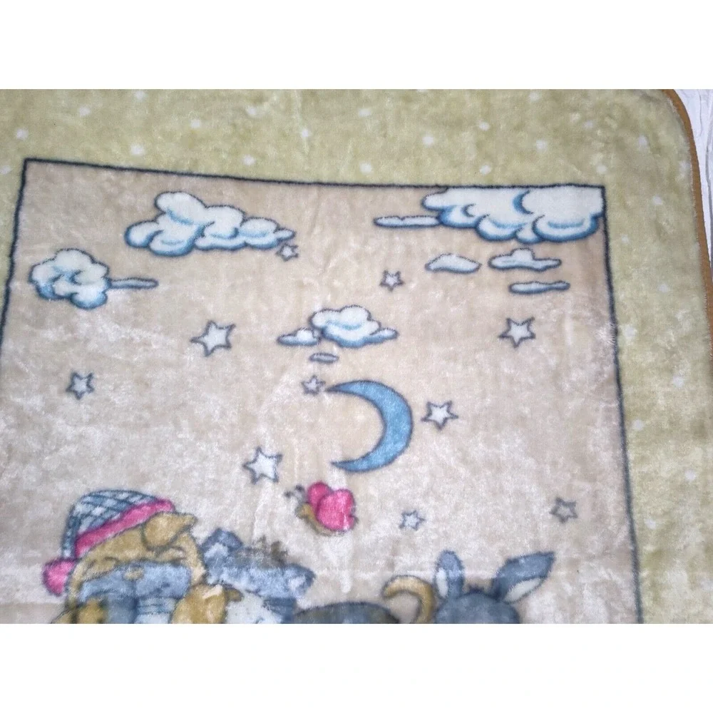 Vtg Mink Yellow‎ Dog Cat Bunny Clouds Blanket 45x52 Clock Polka Dots Soft
